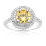 Sterling Silver Yellow Cubic Zirconia Solitaire Pendant Chain and Halo Ring Set