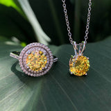 Sterling Silver Yellow Cubic Zirconia Solitaire Pendant Chain and Halo Ring Set