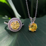 Sterling Silver Yellow Cubic Zirconia Solitaire Pendant Chain and Halo Ring Set