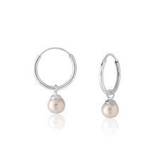 Load image into Gallery viewer, Sterling Silver Simulated Pearl Drop Hoop Earrings