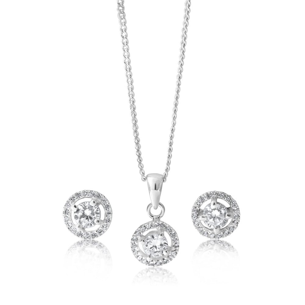 Sterling Silver Zirconia Round Pendant and Stud Earring Set - chain not included