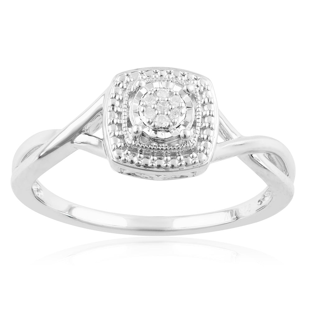 2 Points Diamond Ring with 7 Brilliant Cut Diamonds in Sterling Silver ...