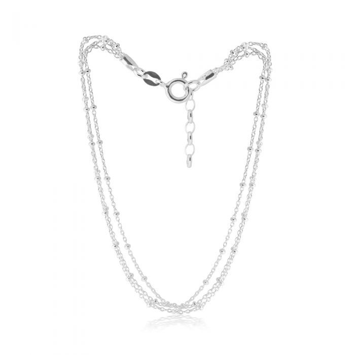 Sterling Silver Beaded Double Link 25cm+Extender Anklet
