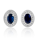 Sterling Silver Created Sapphire and Zirconia Oval Studs