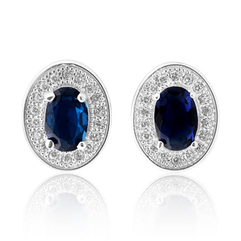 Sterling Silver Created Sapphire and Zirconia Oval Studs