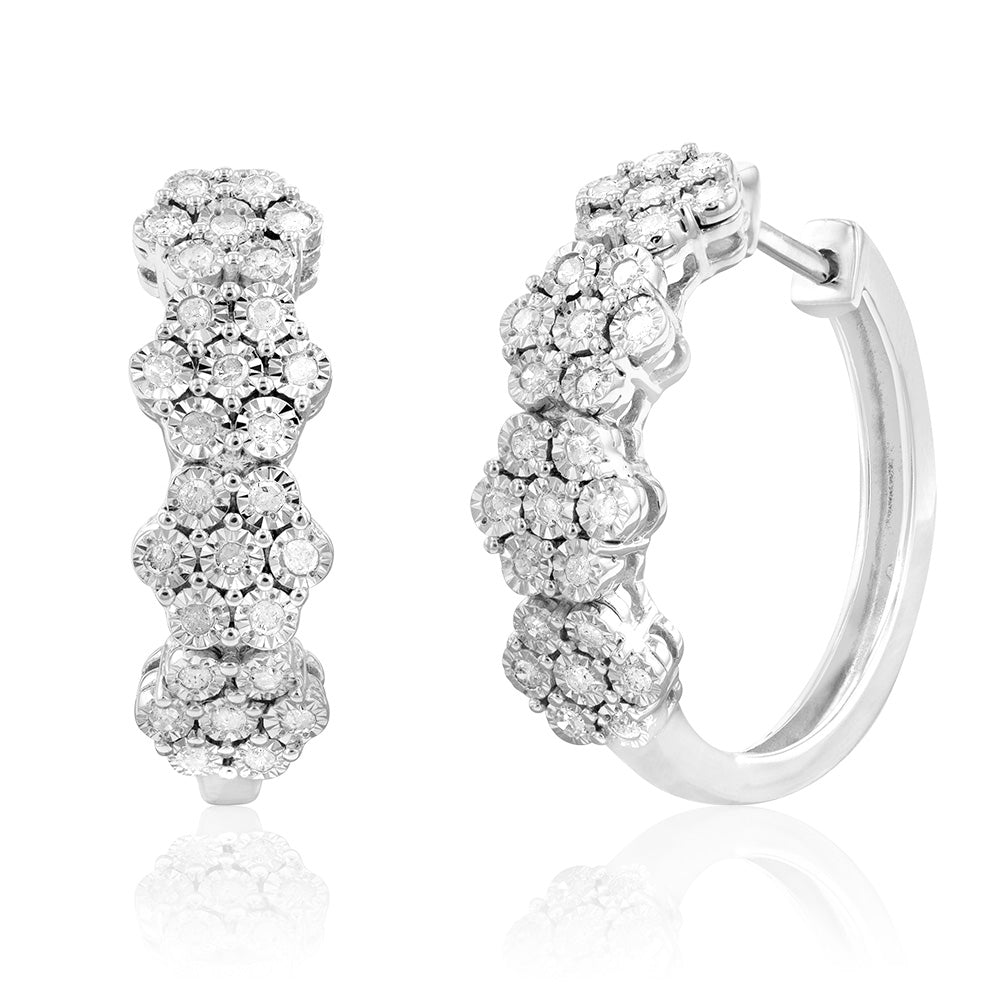 Sterling Silver 1/4 Carat Diamond Flower Hoop Earrings