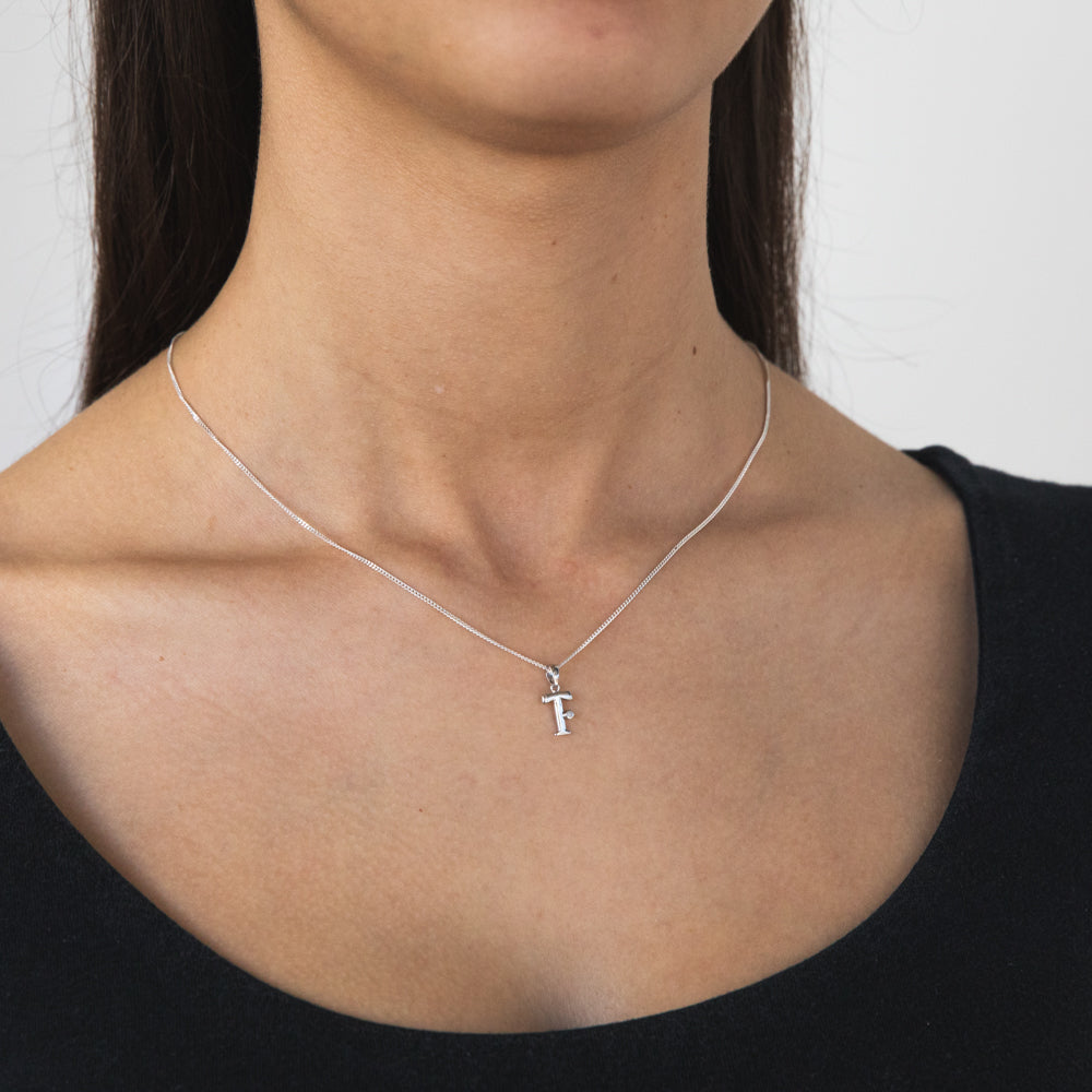 Silver Pendant Initial T set with Diamond