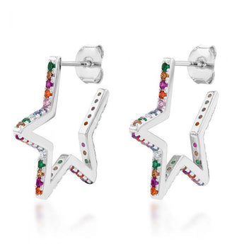 Sterling Silver Rainbow Multicolour Cubic Zirconia Open Star Stud Earrings