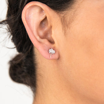 Sterling Silver Rhodium Plated White Cubic Zirconia Palm Tree Stud Earrings