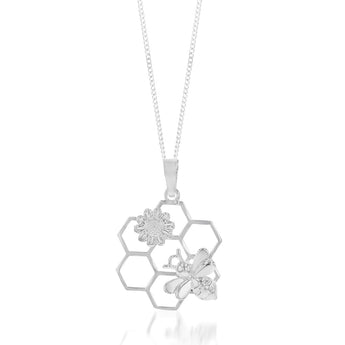 Sterling Silver Beehive With Bee And Flower Pendant