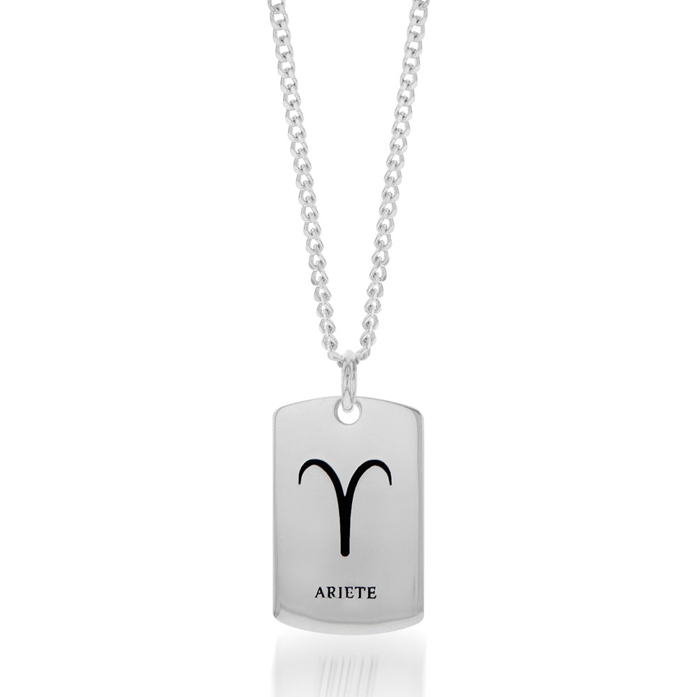 Sterling Silver Dog Tag With Aries Zodiac/Star Sign Pendant
