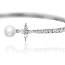 Load image into Gallery viewer, Sterling Silver Rhodium Plated Fresh Water Pearl And Cubic Zirconia Open Bangle