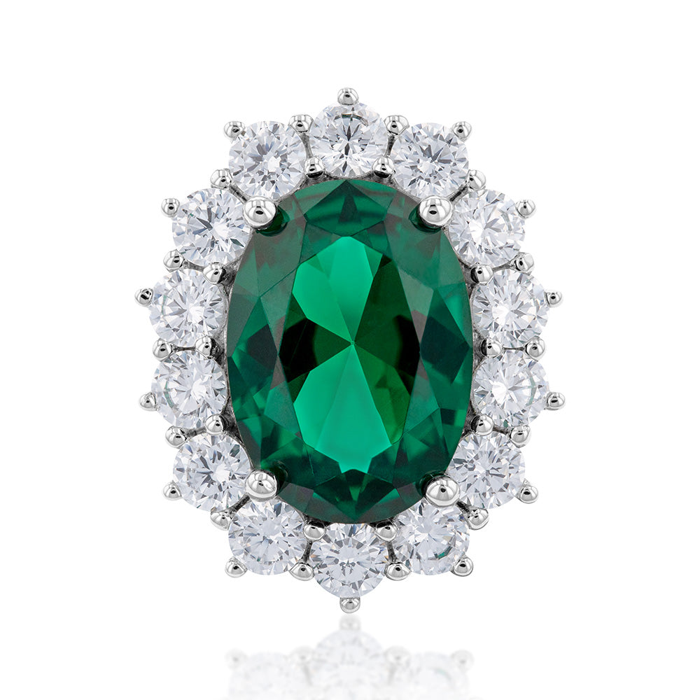 Sterling Silver Rhodium Plated  Emerald-Green Cubic Zirconia Oval Ring