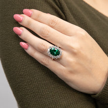 Load image into Gallery viewer, Sterling Silver Rhodium Plated  Emerald-Green Cubic Zirconia Oval Ring