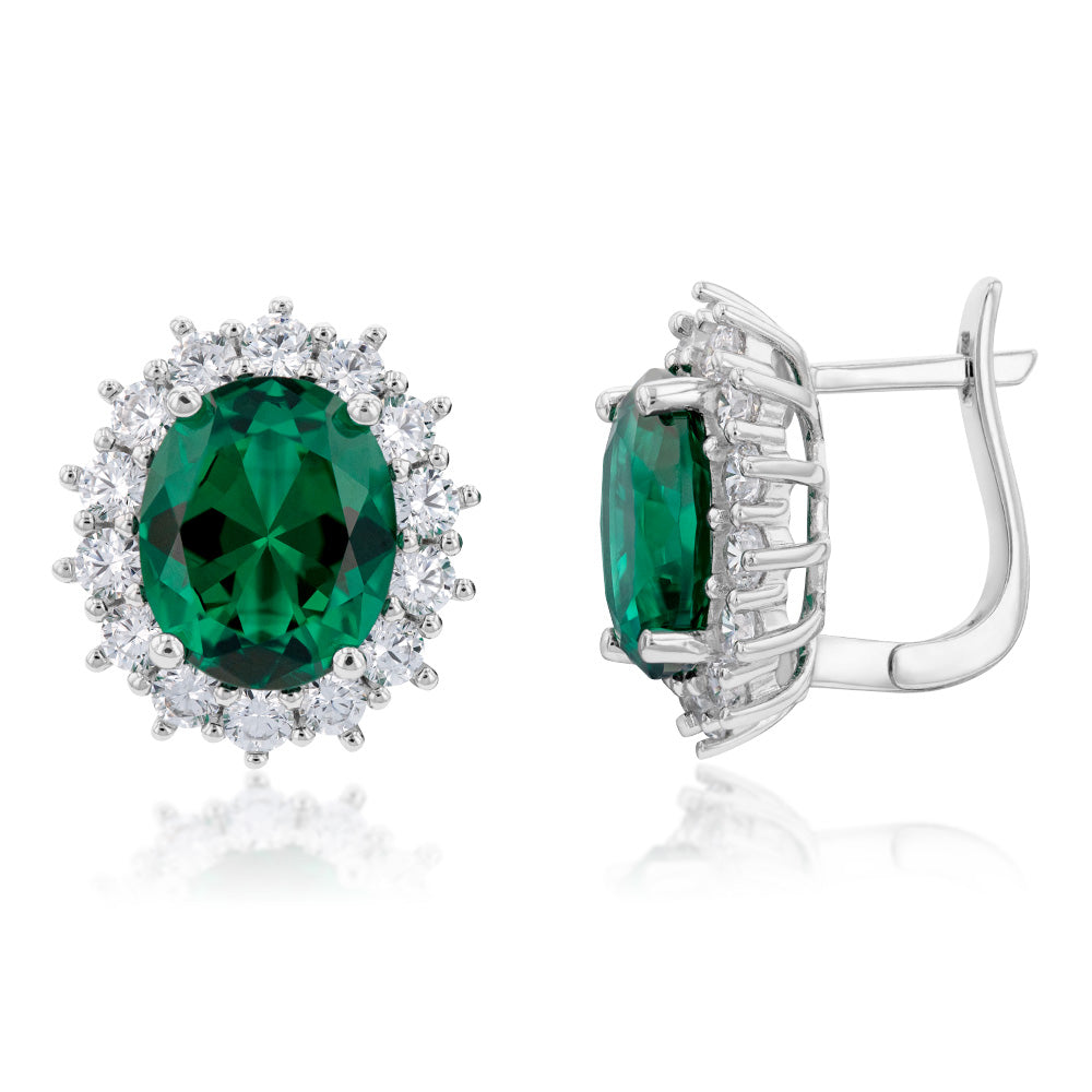Sterling Silver Rhodium Plated Emerald-Green Cubic Zirconia Oval Earrings