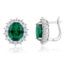 Load image into Gallery viewer, Sterling Silver Rhodium Plated Emerald-Green Cubic Zirconia Oval Earrings
