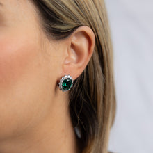 Load image into Gallery viewer, Sterling Silver Rhodium Plated Emerald-Green Cubic Zirconia Oval Earrings