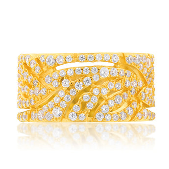 Sterling Silver Gold Plated Cubic Zirconia On Feather Broad Ring