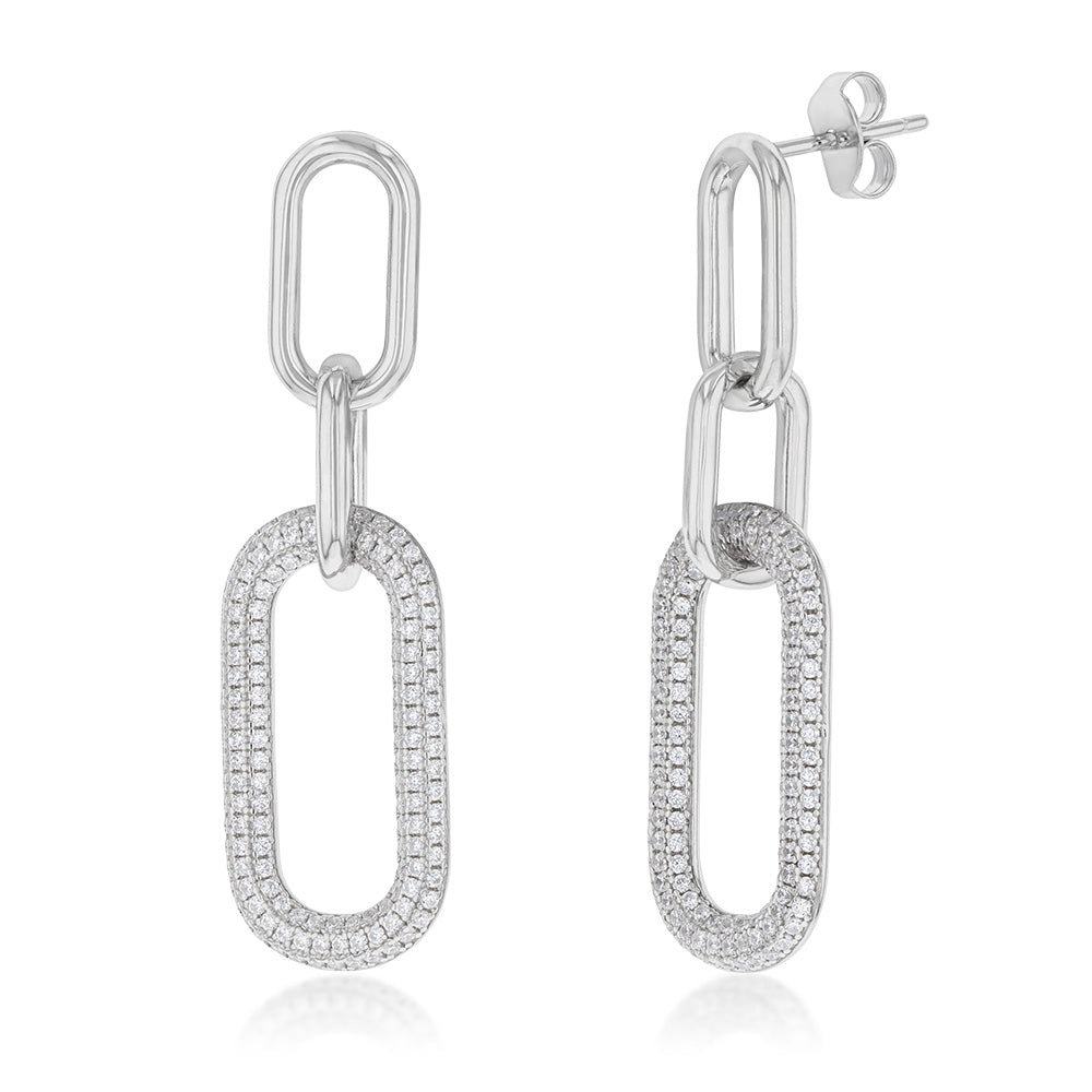 Sterling Silver Rhodium Plated Cubic Zirconia On Links Drop Earrings