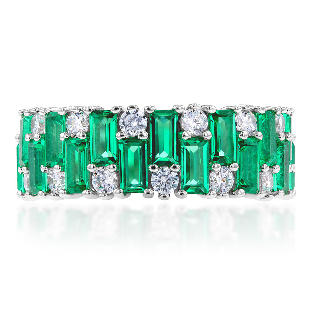 Sterling Silver Rhodium Plated Emerald-Green Cubic Zirconia Broad Band Ring