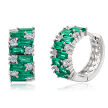 Load image into Gallery viewer, Sterling Silver Rhodium Plated Emerald Green And White Cubic Zirconia Hoop Earrings