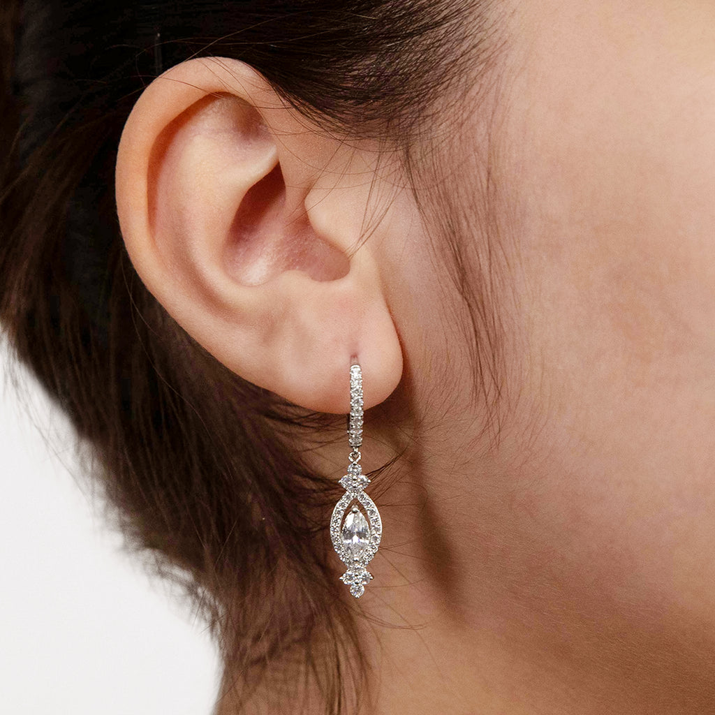 Sterling Silver Rhodium Plated Cubic Zirconia On Marquise Drop Earring