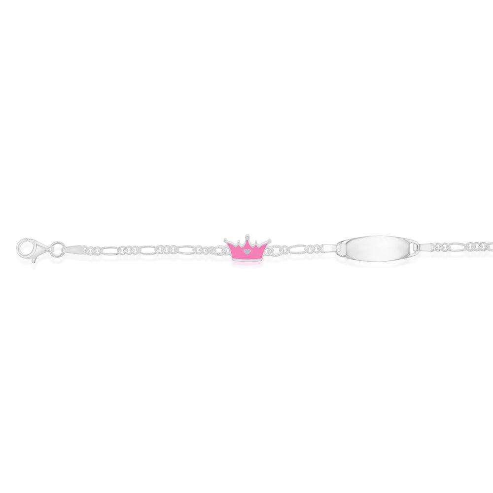 Sterling Silver Pink Crown On Figaro 16cm Baby ID Bracelet