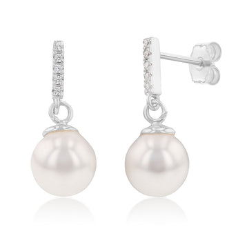 Sterling Silver Dangling Pearl Stud Earrings With Simulant Diamonds - Designer Style