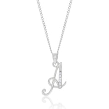 Load image into Gallery viewer, Sterling Silver Rhodium Plated Cubic Zirconia Script &quot;A&quot; Initial Pendant