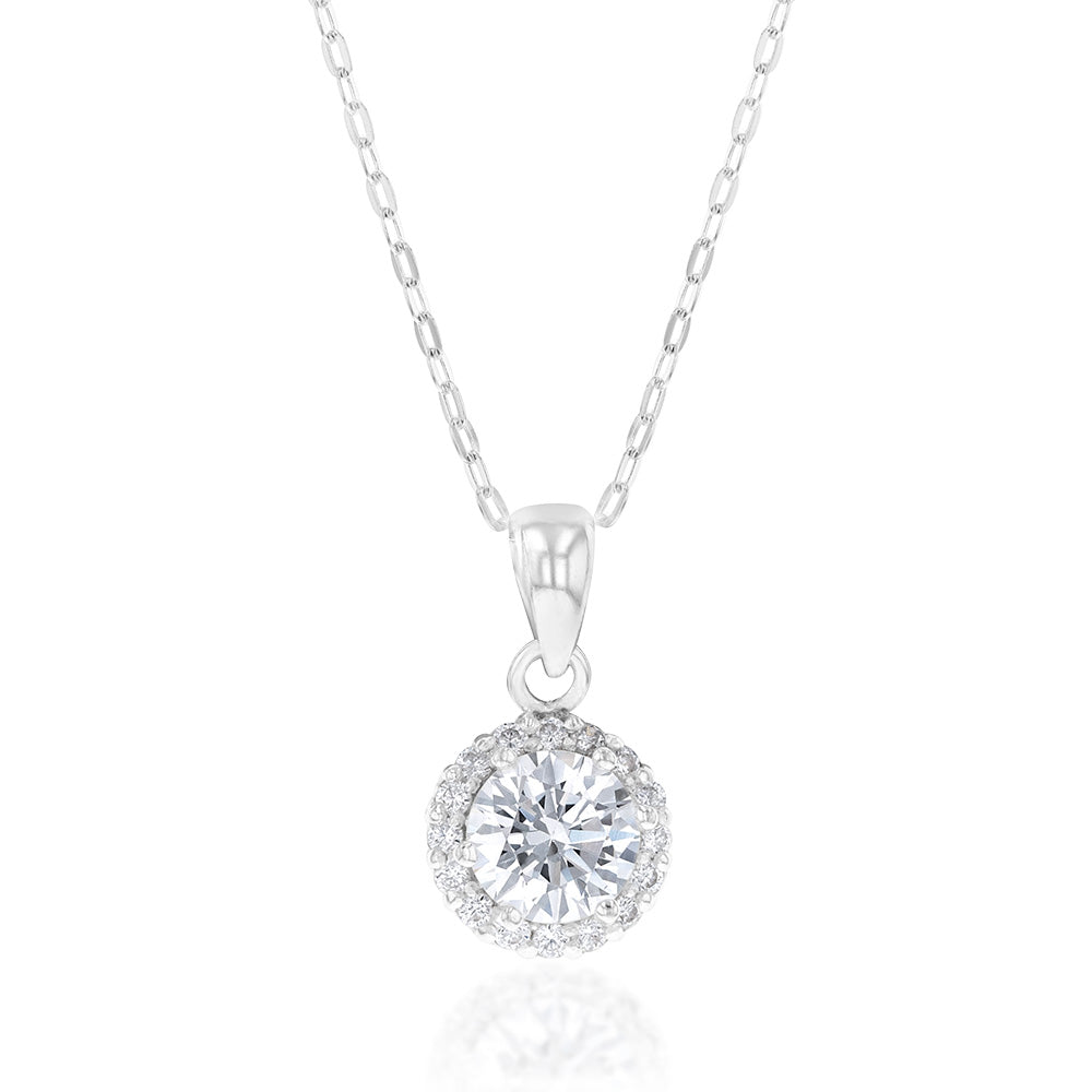 Sterling Silver Cubic Zirconia Halo Pendant On 45cm Chain