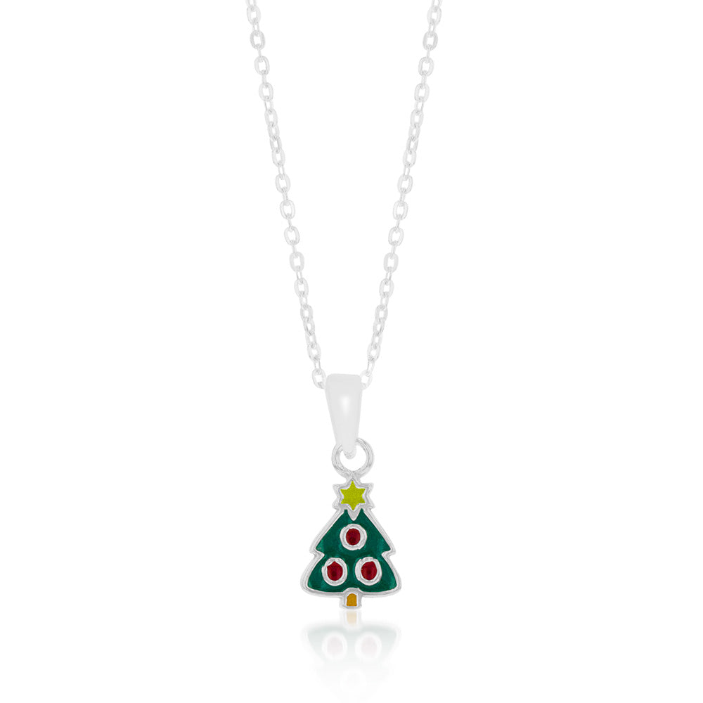 Sterling Silver Green Enamel Christmas Tree Pendant On 45cm Chain