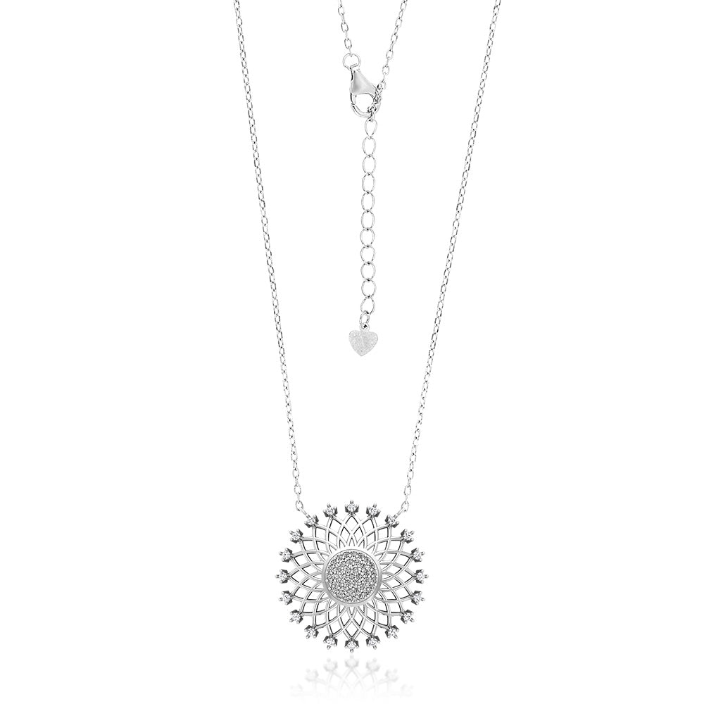 Sterling Silver Cubic Zirconia Flower Pendant on 42+3cm Chain