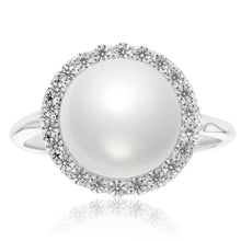 Load image into Gallery viewer, Sterling Silver Swarovski Pearl &amp; Cubic Zirconia Halo Ring