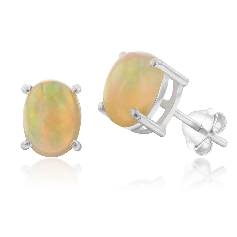 Sterling Silver Natural Solid Opal Oval Studs