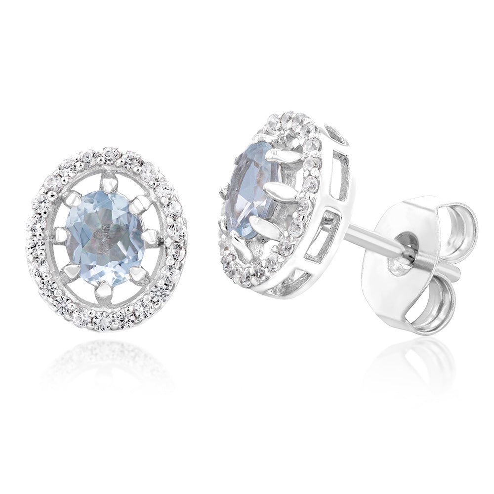Sterling Silver 0.89ct Aquamarine and White Zircon Oval Halo Stud Earrings