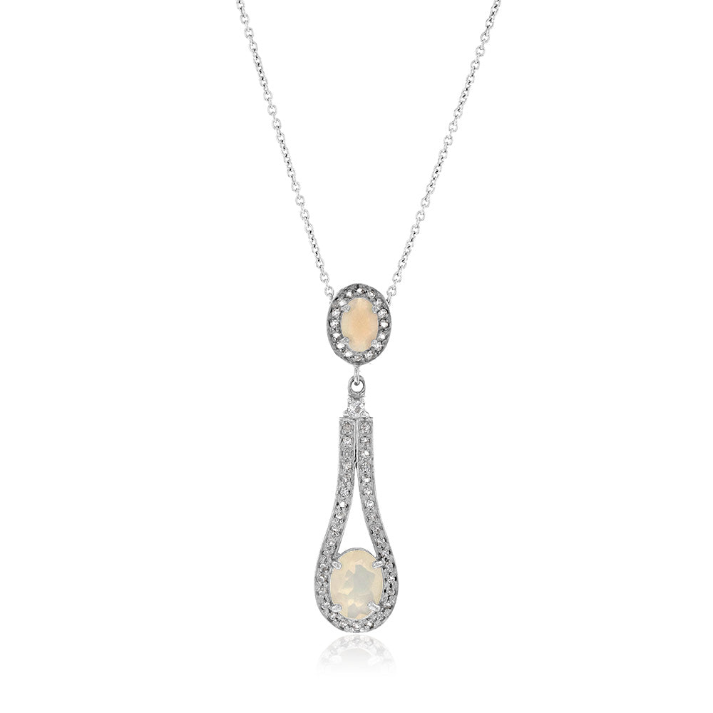 Sterling Silver 1.40ct Natural White Opal and White Topaz Pear Drop Pendant on Chain