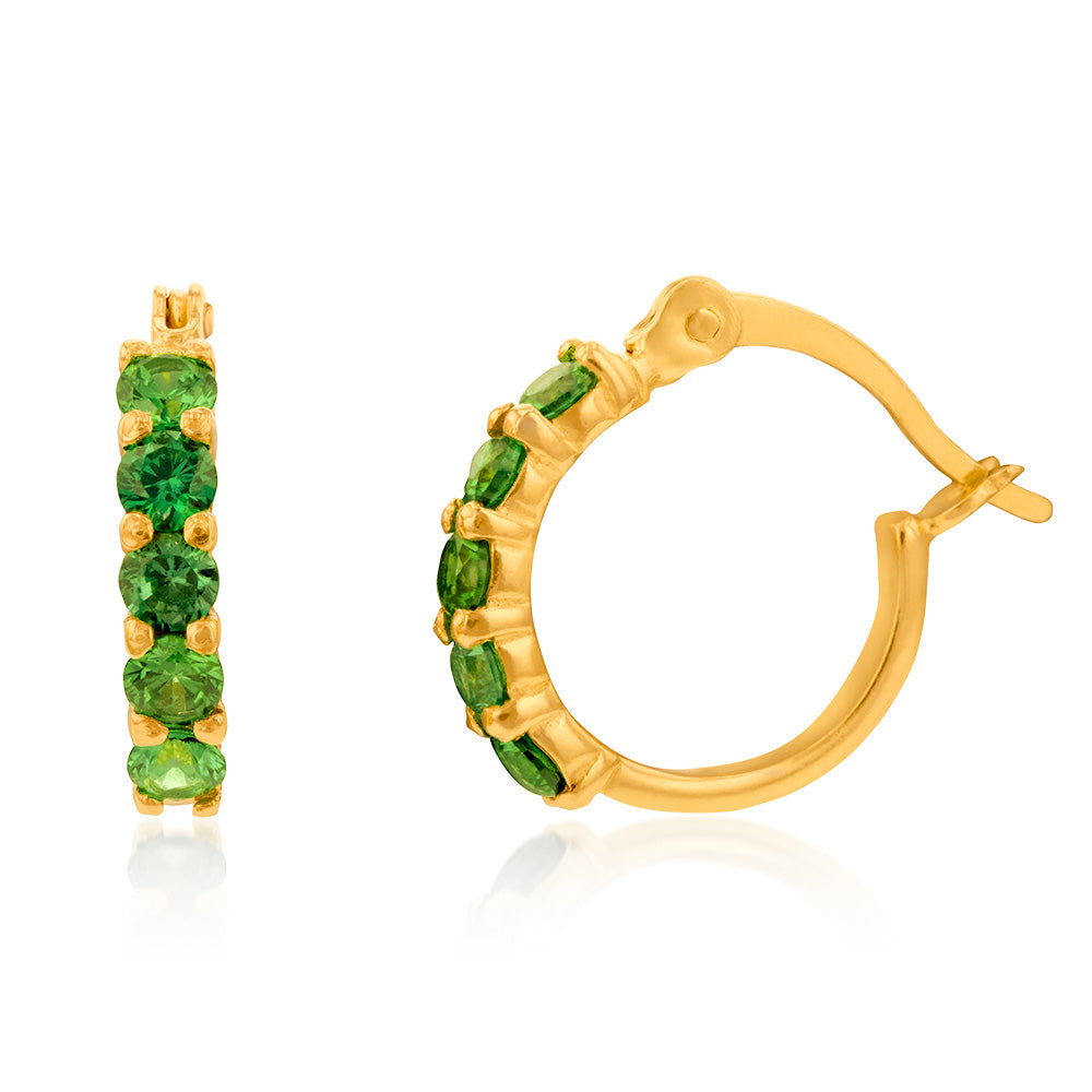 Sterling Silver Gold Plated Green Created Semi Precious Stones Hoop Earrings