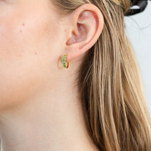 Load image into Gallery viewer, Sterling Silver Gold Plated Green Created Semi Precious Stones Hoop Earrings