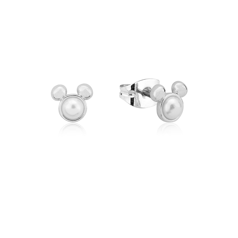 Disney Rhodium Plated Sterling Silver Mickey Mouse Pearl Stud Earrings