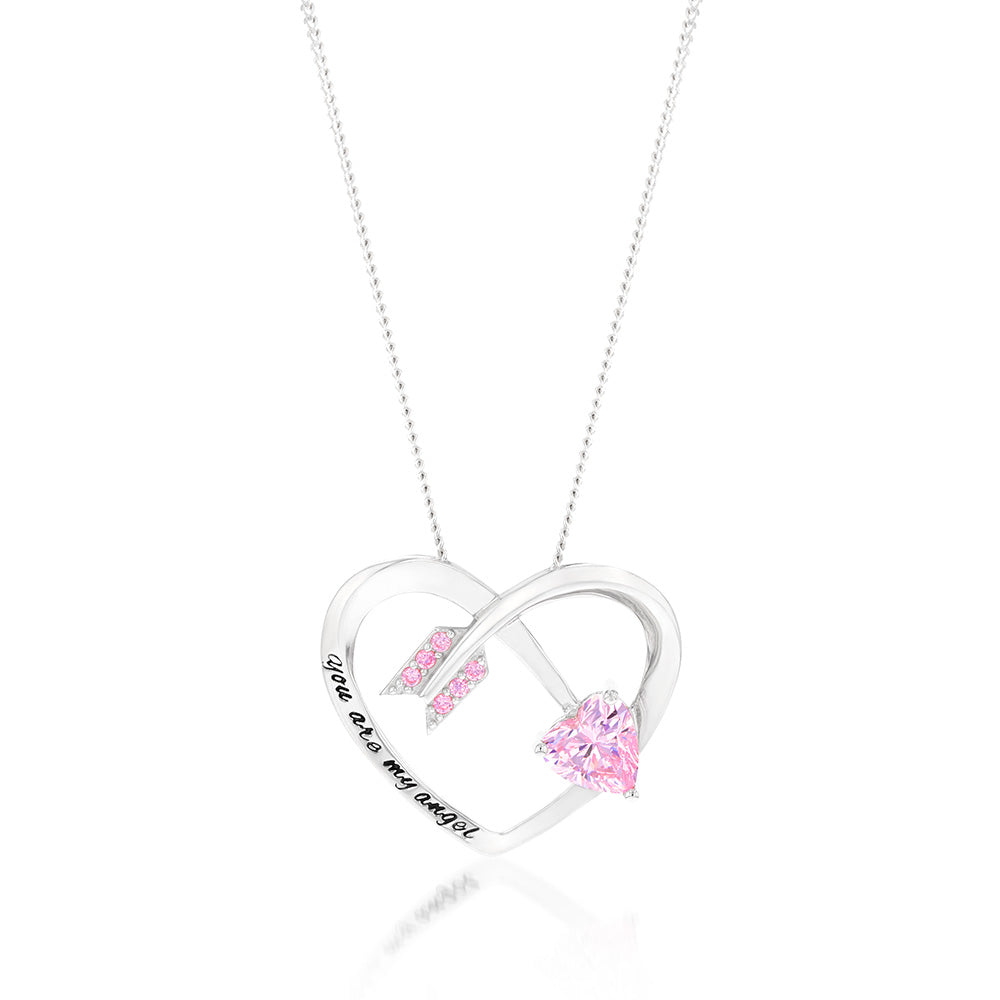 Sterling Silver Rhodium Plated Pink CZ Arrow Heart With Inscription Pendant