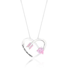 Load image into Gallery viewer, Sterling Silver Rhodium Plated Pink CZ Arrow Heart With Inscription Pendant