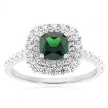 Load image into Gallery viewer, Sterling Silver Rhodium Plated Green And White Cubic Zirconia Cushion Ring