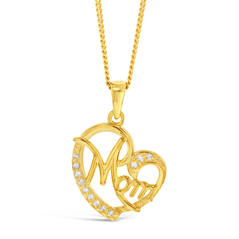 Sterling Silver Gold Plated Cubic Zirconia Heart Mom Pendant