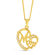 Load image into Gallery viewer, Sterling Silver Gold Plated Cubic Zirconia Heart Mom Pendant
