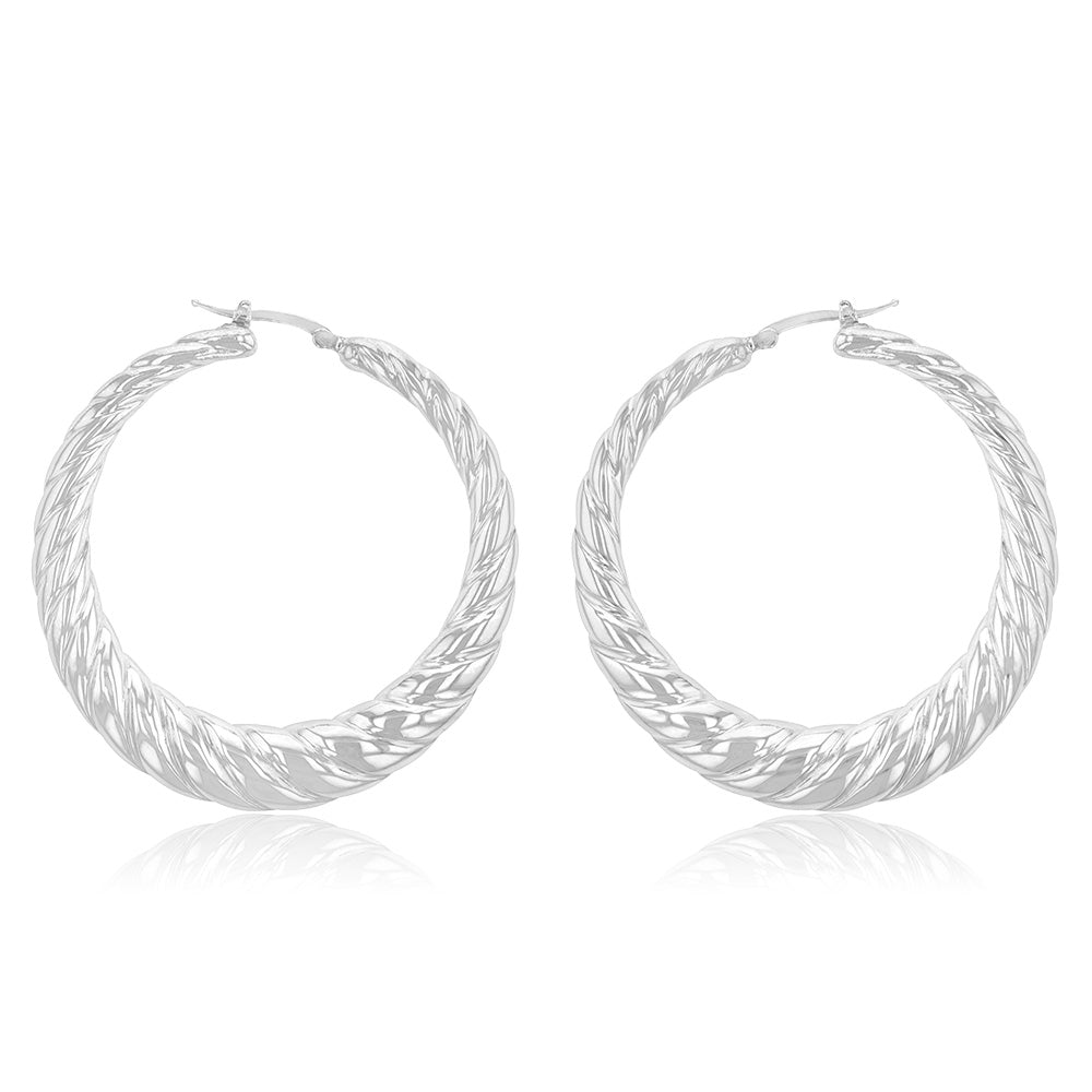 Sterling Silver Rhodium Plated 50mm Graduated Twisted Creole Earrings