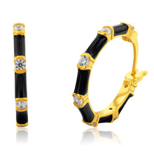 Load image into Gallery viewer, Sterling Silver Gold Plated Cubic Zirconia Black Enamel Creole Earrings