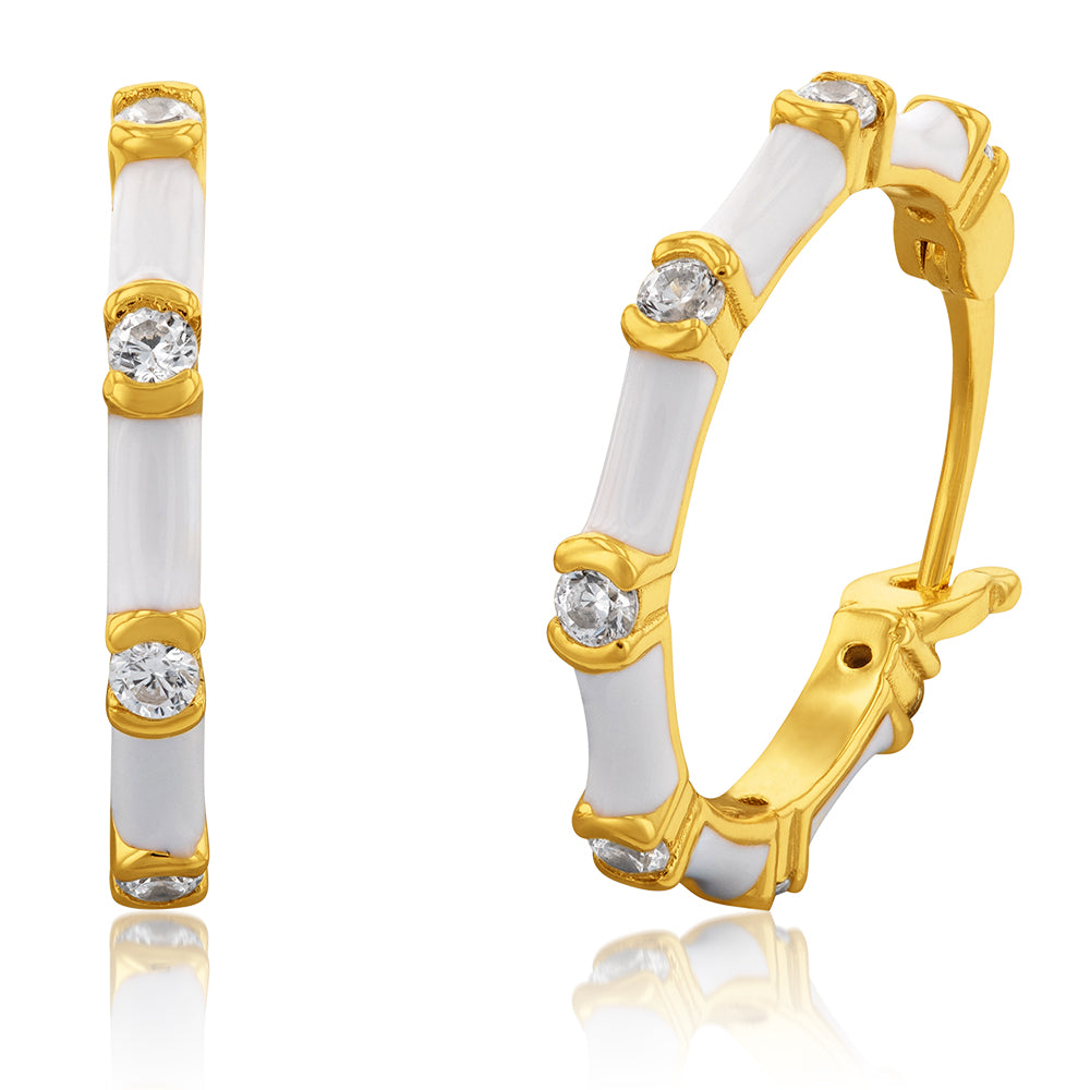 Sterling Silver Gold Plated Cubic Zirconia White Enamel Creole Earrings