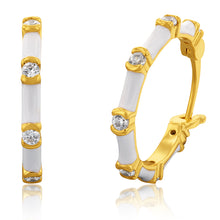 Load image into Gallery viewer, Sterling Silver Gold Plated Cubic Zirconia White Enamel Creole Earrings