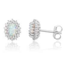 Load image into Gallery viewer, Sterling Silver Rhodium Plated Cubic Zirconia Synthetic Opal Round Stud Earrings
