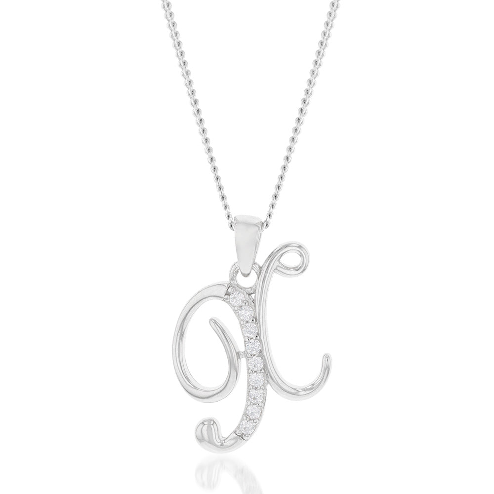 Sterling Silver Rhodium Plated Cubic Zirconia Script "X " Initial Pendant